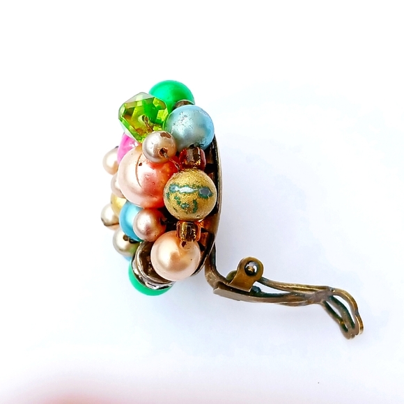VTG CLUSTER EARRINGS JAPAN VINTAGE clip-on brass-tone Button pink white blue - Picture 6 of 7